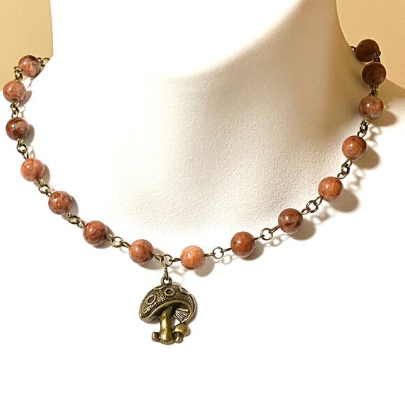 Genuine Red Jasper Short Necklace, Cute Bronze Round Mushroom + Natural Gemstone - Picture 2 of 14